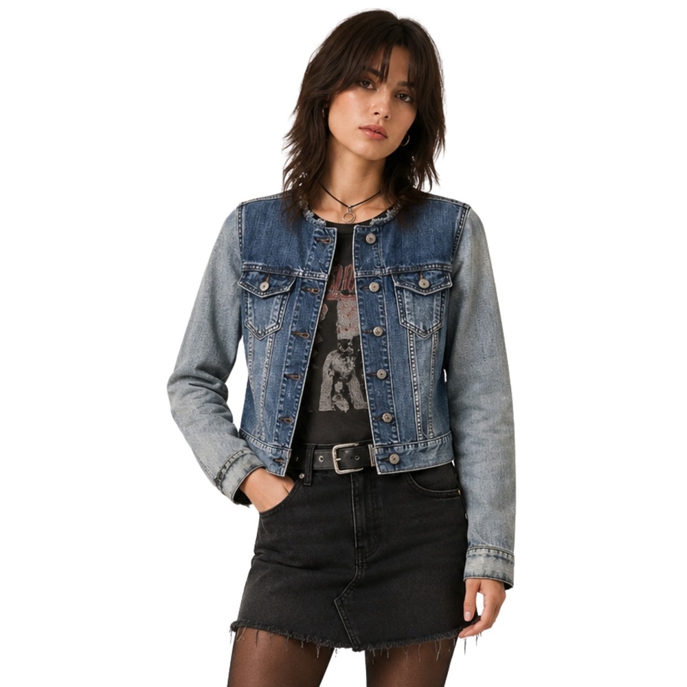 AllSaints Denim Jacket Womens US 0 Blue Aya Two Tone Collarless Raw Edge Grunge
